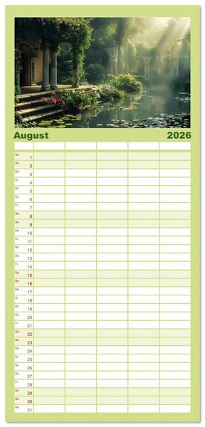 Produktbild: Familienplaner 2026 - Verwunschene G&auml;rten - Eine Zeitreise mit 5 Spalten (Wandkalender, 21 x 45 cm) CALVENDO