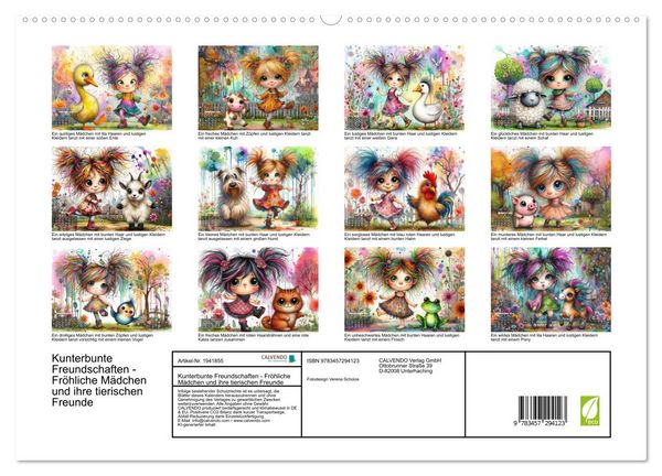Produktbild: Kunterbunte Freundschaften - Fr&ouml;hliche M&auml;dchen und ihre tierischen Freunde (hochwertiger Premium Wandkalender 2026 DIN A2 quer), Kunstdruck in Hochglanz