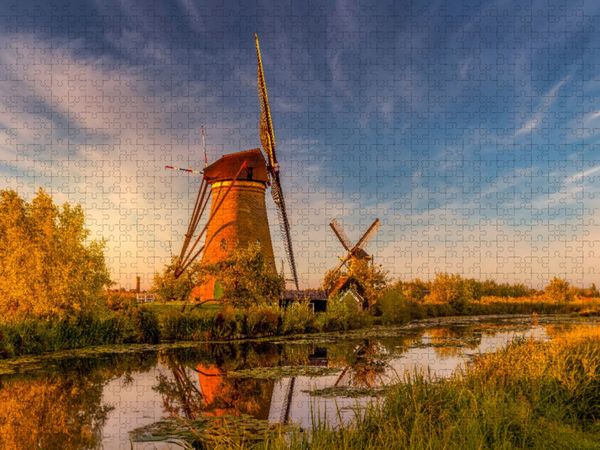 Produktbild: CALVENDO Puzzle Windm&uuml;hlen von Kinderdijk in der Abendd&auml;mmerung | 1000 Teile Lege-Gr&ouml;&szlig;e 64x48cm Foto-Puzzle f&uuml;r gl&uuml;ckliche Stunden