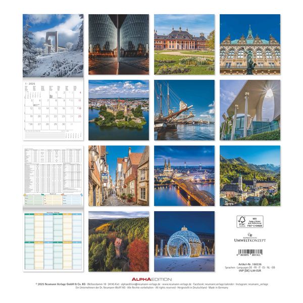 Alpha Edition - Deutschland 2026 Broschürenkalender, 30x30cm, Wandkalender mit Platz für Notizen und Termine, 12 Motive aus Deutschland, Monatsübersic