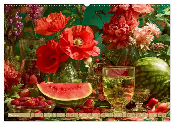 Produktbild: Bloom und Bite. KI mixt Blumen, Obst und Gem&uuml;se (Wandkalender 2026 DIN A2 quer), CALVENDO Monatskalender