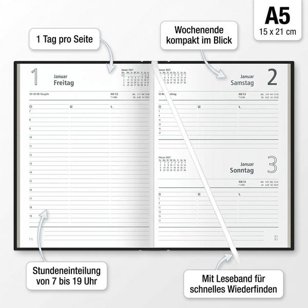 Produktbild: Buchkalender 1T/1S 336S schwarz 2027