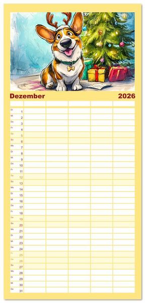 Produktbild: Familienplaner 2026 - Lustige Corgis. Niedliche Cartoons von gl&uuml;cklichen Hunden mit 5 Spalten (Wandkalender, 21 x 45 cm) CALVENDO
