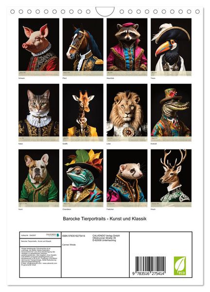 Produktbild: Barocke Tierportraits - Kunst und Klassik (Wandkalender 2026 DIN A4 hoch), CALVENDO Monatskalender