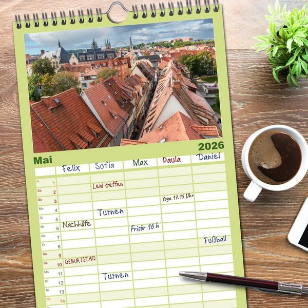 Produktbild: Familienplaner 2026 - Landeshauptstadt Erfurt - Reise durch das sch&ouml;ne Th&uuml;ringen mit 5 Spalten (Wandkalender, 21 x 45 cm) CALVENDO