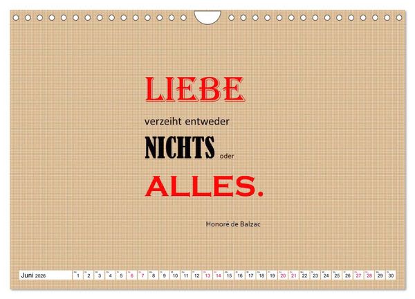 Produktbild: Zitate und Spr&uuml;che In Sachen LIEBE (Wandkalender 2026 DIN A4 quer), CALVENDO Monatskalender