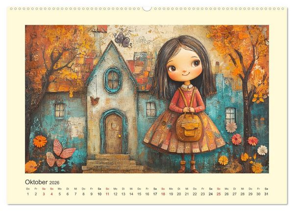 Produktbild: Fr&ouml;hliche Kinder. Bezaubernde Schulm&auml;dchen im &Ouml;lbilder-Stil (hochwertiger Premium Wandkalender 2026 DIN A2 quer), Kunstdruck in Hochglanz