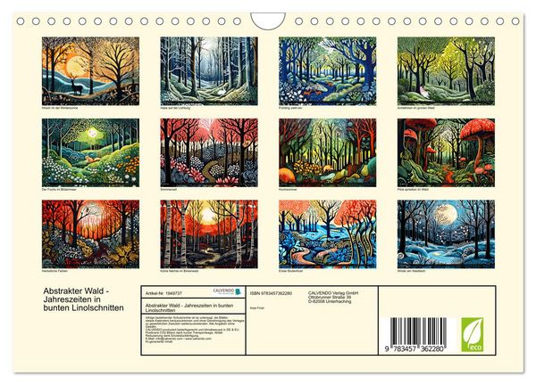 Produktbild: Abstrakter Wald - Jahreszeiten in bunten Linolschnitten (Wandkalender 2026 DIN A4 quer), CALVENDO Monatskalender