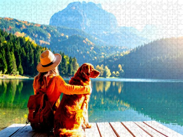 Produktbild: CALVENDO Puzzle Mit Hund am Bergsee | 1000 Teile Lege-Gr&ouml;&szlig;e 64x48cm Foto-Puzzle f&uuml;r gl&uuml;ckliche Stunden