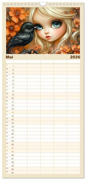 Produktbild: Familienplaner 2026 - Vertr&auml;umte M&auml;dchen. Tiere, Blumen, Liebe. mit 5 Spalten (Wandkalender, 21 x 45 cm) CALVENDO