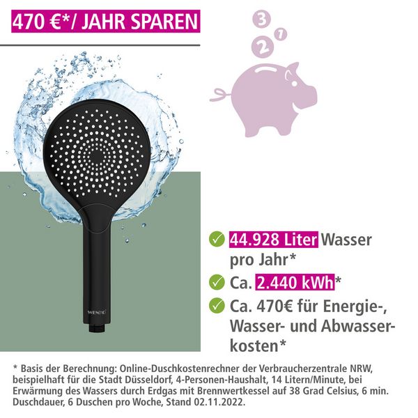 Produktbild: Duschkopf Watersaving &Oslash; 120 cm 3 Funktionen, &Oslash; 12 cm
