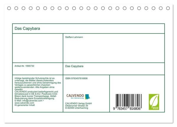 Produktbild: Das Capybara (Tischkalender 2026 DIN A5 quer), CALVENDO Monatskalender