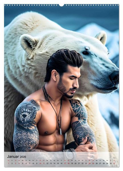 Produktbild: Verwegene Kerle - Muskeln, Tattoos und wilde Tiere (Wandkalender 2026 DIN A2 hoch), CALVENDO Monatskalender