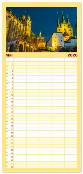 Produktbild: Familienplaner 2026 - Romantisches Erfurt - Reise durch das sch&ouml;ne Th&uuml;ringen mit 5 Spalten (Wandkalender, 21 x 45 cm) CALVENDO