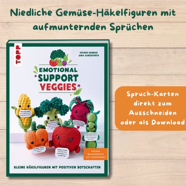 Produktbild: Emotional Support Veggies. Kleine H&auml;kelfiguren mit positiven Botschaften