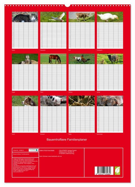 Produktbild: Bauernhoftiere Familienplaner (hochwertiger Premium Wandkalender 2026 DIN A2 hoch), Kunstdruck in Hochglanz