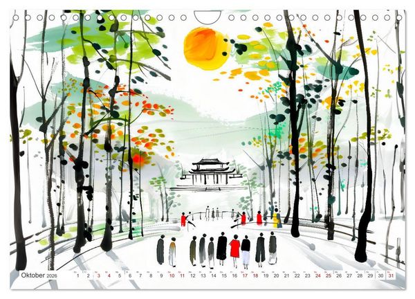 Produktbild: Fernost Impressionen - Tempel und Landschaften in KI-Tuschekunst (Wandkalender 2026 DIN A4 quer), CALVENDO Monatskalender