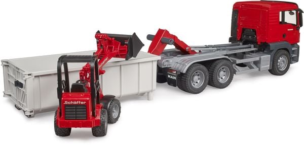 Produktbild: Bruder LKW Modell MAN TGS mit Abrollcontainer + Sch&auml;ffer Hoflader Fertigmodell