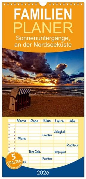 Produktbild: Familienplaner 2026 - Sonnenunterg&auml;nge, an der Nordseek&uuml;ste vor Cuxhaven mit 5 Spalten (Wandkalender, 21 x 45 cm) CALVENDO