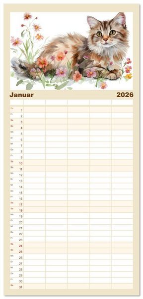 Produktbild: Familienplaner 2026 - Katzensymphonie in Aquarell mit 5 Spalten (Wandkalender, 21 x 45 cm) CALVENDO