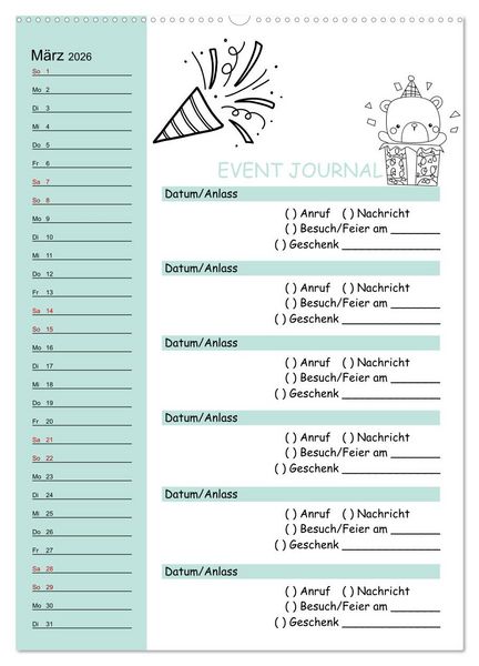 Produktbild: Geburtstagsplaner Doodle Tiere - F&uuml;r Termine, Geschenke, Eventdetails & mehr (Wandkalender 2026 DIN A2 hoch), CALVENDO Monatskalender