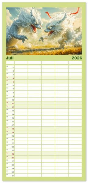 Produktbild: Familienplaner 2026 - Drachen - Verspielt und fluffig mit 5 Spalten (Wandkalender, 21 x 45 cm) CALVENDO