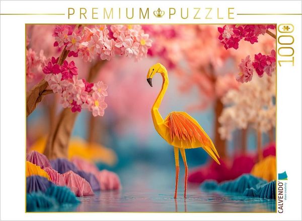 CALVENDO Puzzle Origami Flamingo in Fantasielandschaft | 1000 Teile Lege-Größe 64x48cm Foto-Puzzle für glückliche Stunden