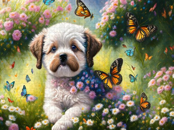 Produktbild: CALVENDO Puzzle S&uuml;&szlig;er kleiner Hund mit Schmetterlingen | 1000 Teile Lege-Gr&ouml;&szlig;e 64x48cm Foto-Puzzle f&uuml;r gl&uuml;ckliche Stunden