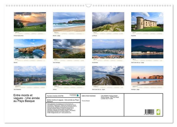 Produktbild: Entre monts et vagues - Une ann&eacute;e au Pays Basque (Calendrier mural 2027 DIN A2 vertical), CALVENDO calendrier mensuel