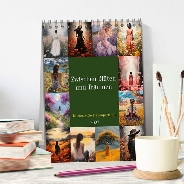 Produktbild: Zwischen Bl&uuml;ten und Tr&auml;umen - 12 kunstvolle Frauenportraits (Tischkalender 2027 DIN A5 hoch), CALVENDO Monatskalender