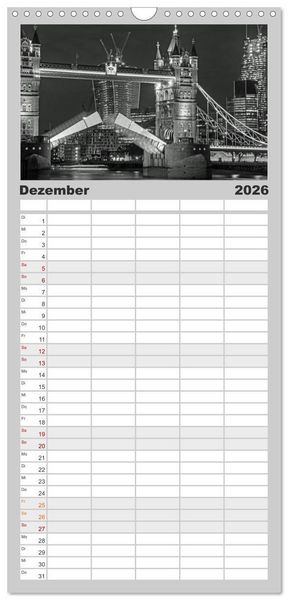 Produktbild: Familienplaner 2026 - London in Schwarz-Wei&szlig; mit 5 Spalten (Wandkalender, 21 x 45 cm) CALVENDO
