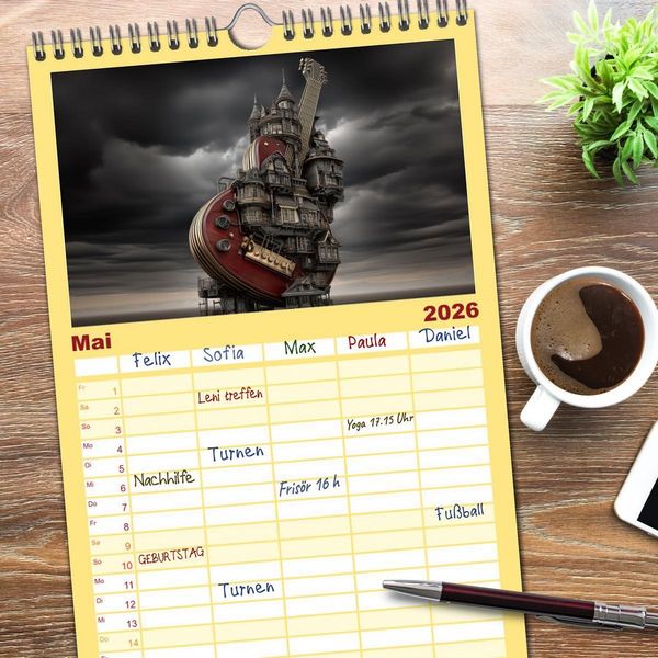 Produktbild: Familienplaner 2026 - Saitenzauber &ndash; Gitarren im Bilderklang mit 5 Spalten (Wandkalender, 21 x 45 cm) CALVENDO