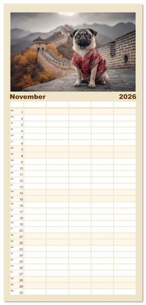 Produktbild: Familienplaner 2026 - Eine Mopsige Weltreise mit 5 Spalten (Wandkalender, 21 x 45 cm) CALVENDO