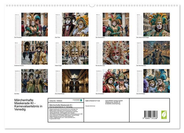 Produktbild: M&auml;rchenhafte Maskerade KI - Karnevalserlebnis in Venedig (hochwertiger Premium Wandkalender 2026 DIN A2 quer), Kunstdruck in Hochglanz