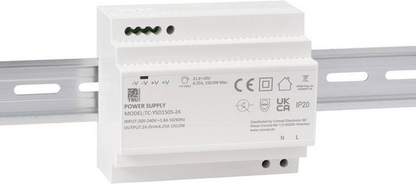 Produktbild: TRU COMPONENTS TC-13710896 Hutschienen-Netzteil (DIN-Rail) Verbrauch (StandBy) 0.3 W 24 V/DC 6.25 A 150 W Anzahl Ausg&auml;nge:1 x Inhalt 1 St.