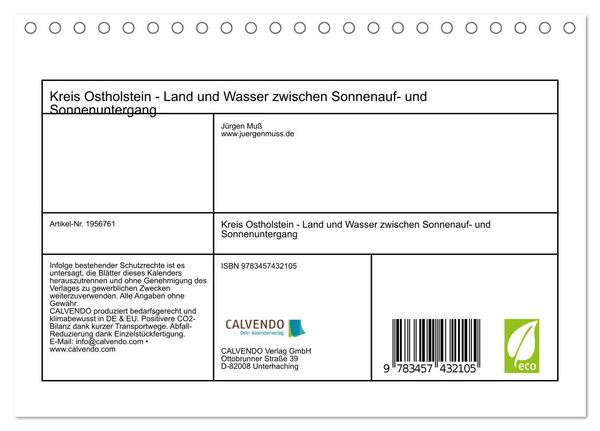 Produktbild: Kreis Ostholstein - Land und Wasser zwischen Sonnenauf- und Sonnenuntergang (Tischkalender 2026 DIN A5 quer), CALVENDO Monatskalender