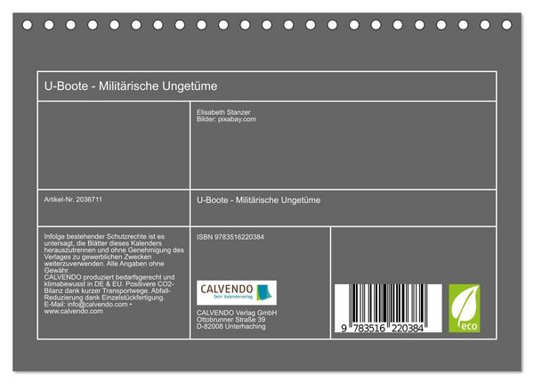 Produktbild: U-Boote - Milit&auml;rische Unget&uuml;me (Tischkalender 2026 DIN A5 quer), CALVENDO Monatskalender