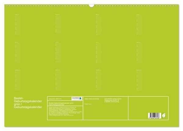 Produktbild: Bastel-Geburtstagskalender gr&uuml;n / Geburtstagskalender (Wandkalender 2026 DIN A2 quer), CALVENDO Monatskalender