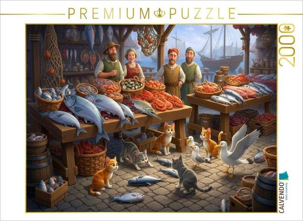 CALVENDO Puzzle Guter Fang am Morgen - Katzen und Möwen am Fischmarkt | 2000 Teile Lege-Größe 90x67cm Foto-Puzzle für glückliche Stunden