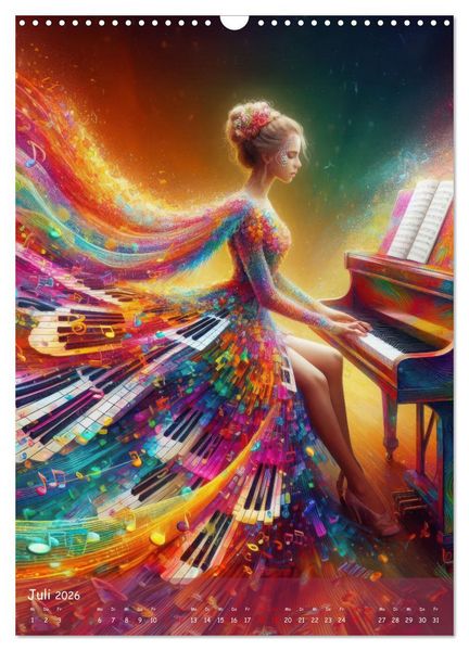 Produktbild: Musikalische Magie &ndash; Frauen in klangvollen Kleidern aus Noten und Farbe (Wandkalender 2026 DIN A3 hoch), CALVENDO Monatskalender