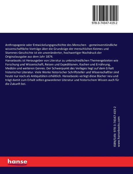 Produktbild: Anthropogenie oder Entwickelungsgeschichte des Menschen