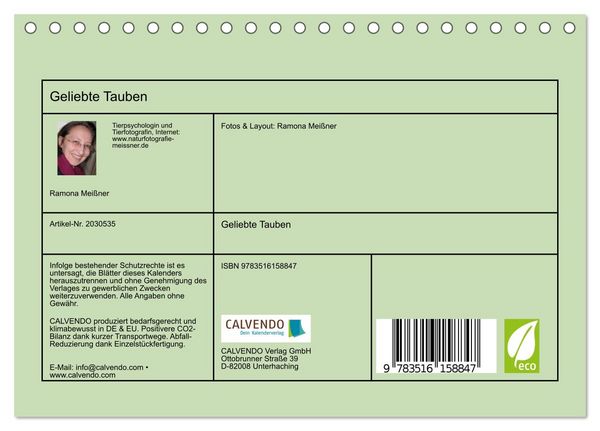 Produktbild: Geliebte Tauben (Tischkalender 2026 DIN A5 quer), CALVENDO Monatskalender