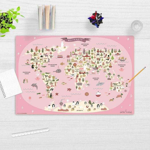 Produktbild: Cover-your-desk Schreibtischunterlage f&uuml;r Kinder Weltkarte in rosa mit Tieren in deutsch, aus hochwertigem Vinyl , 60 x 40 cm