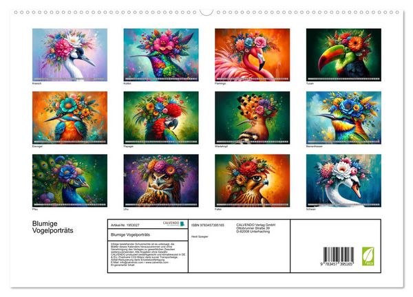 Produktbild: Blumige Vogelportr&auml;ts (hochwertiger Premium Wandkalender 2026 DIN A2 quer), Kunstdruck in Hochglanz