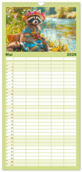 Produktbild: Familienplaner 2026 - Niedlicher Waschb&auml;ren-Style. Modisch, elegant und blumig mit 5 Spalten (Wandkalender, 21 x 45 cm) CALVENDO