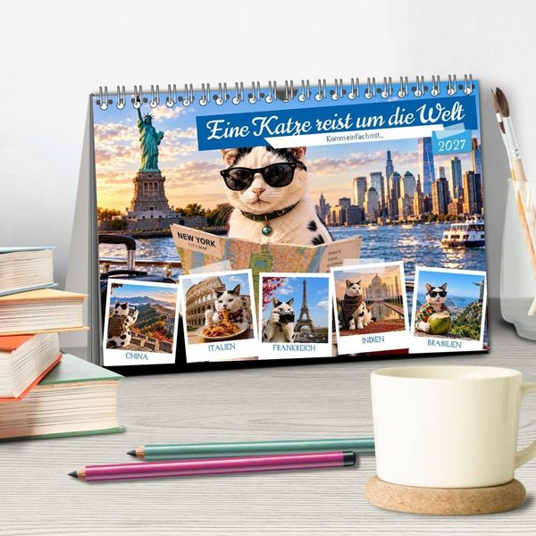 Produktbild: Eine Katze reist um die Welt (Tischkalender 2027 DIN A5 quer), CALVENDO Monatskalender
