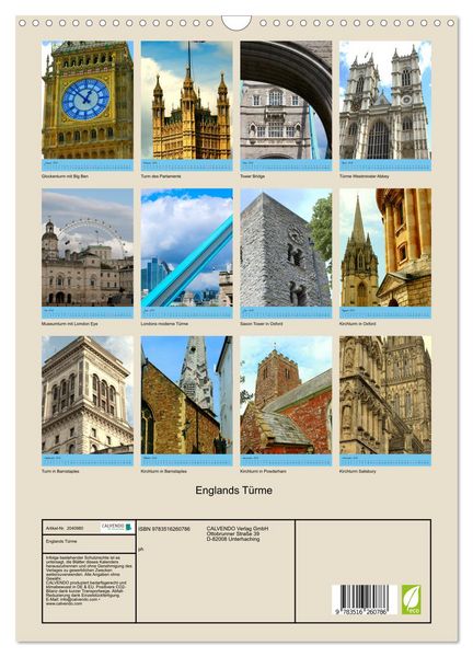 Produktbild: Englands T&uuml;rme (Wandkalender 2026 DIN A3 hoch), CALVENDO Monatskalender