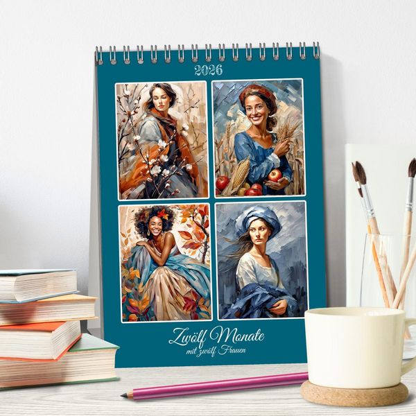 Produktbild: Zw&ouml;lf Monate mit zw&ouml;lf Frauen (Tischkalender 2026 DIN A5 hoch), CALVENDO Monatskalender