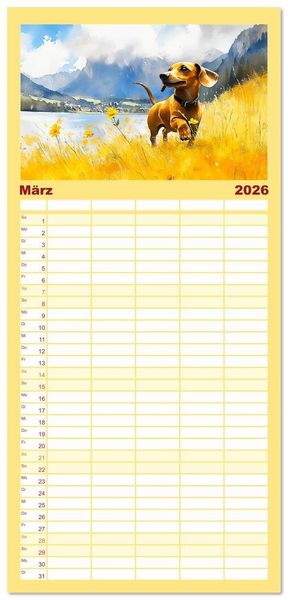 Produktbild: Familienplaner 2026 - Dackelzauber. Charmante Begleiter im lieblichen Aquarell-Stil mit 5 Spalten (Wandkalender, 21 x 45 cm) CALVENDO