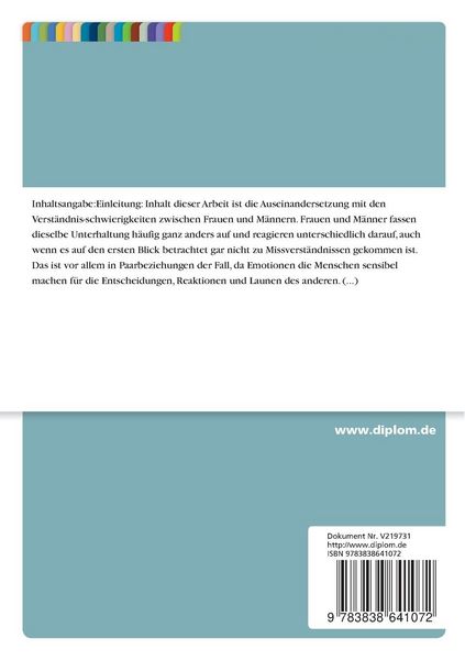 Produktbild: Kommunikationsst&ouml;rungen in Paarbeziehungen unter besonderer Ber&uuml;cksichtigung des unterschiedlichen Gespr&auml;chsverhaltens von Frauen und M&auml;nnern